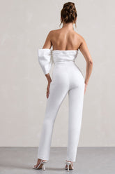 White Satin Strapless One-Sleeve Straight-Leg Jumpsuit
